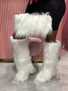 Chic Faux Fur Knee-High Boot & Handbag Set- White