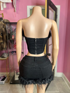 Too Cute Black Denim Crop Top & Mini Skirt Set with Feather Trim