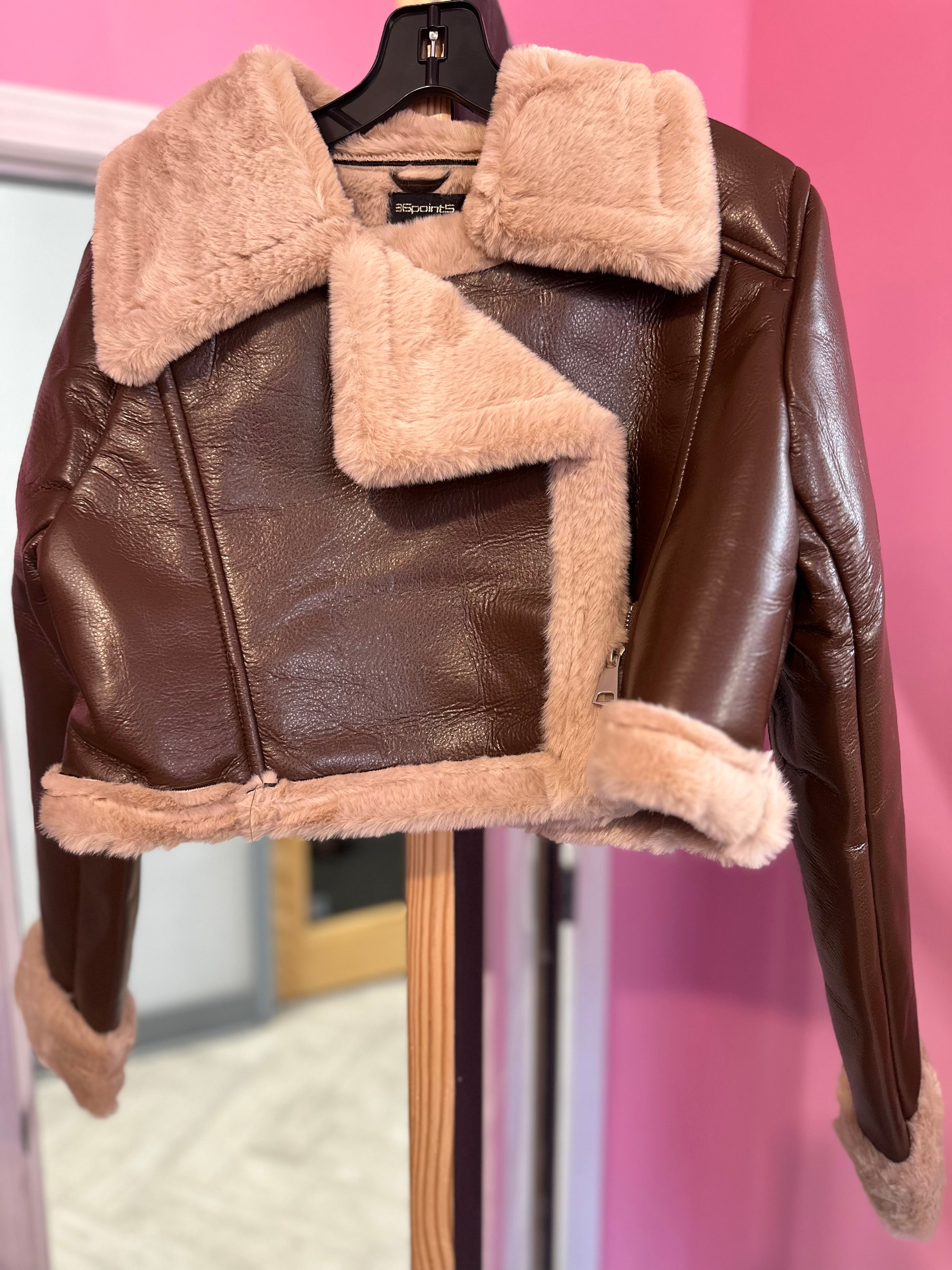 Cocoa & Cream Cropped Faux Leather Jacket- Dark Chocolate