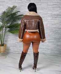 Cocoa & Cream Cropped Faux Leather Jacket- Dark Chocolate