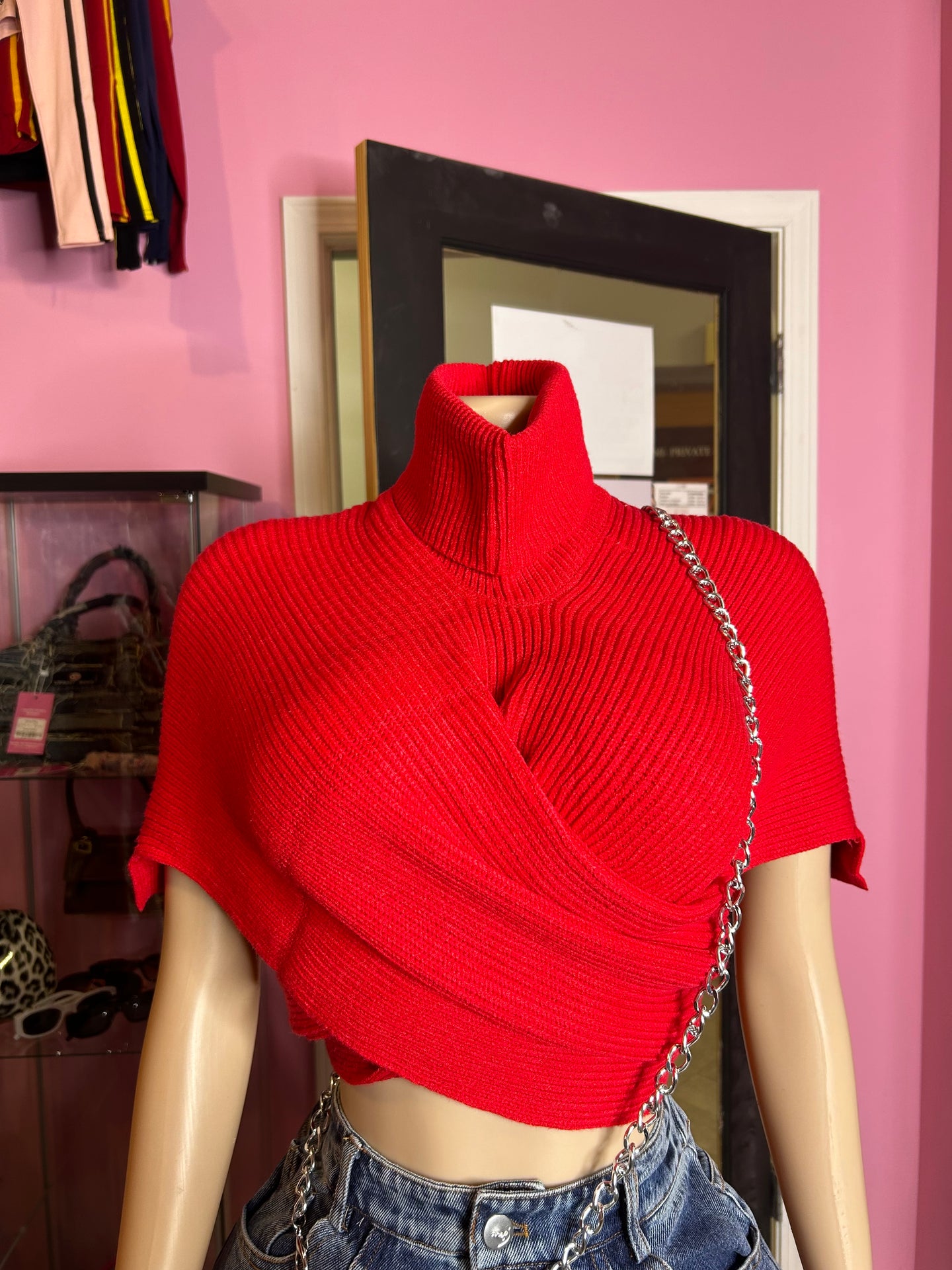 High Neck Knit Crop Sweater (One Size)- Red