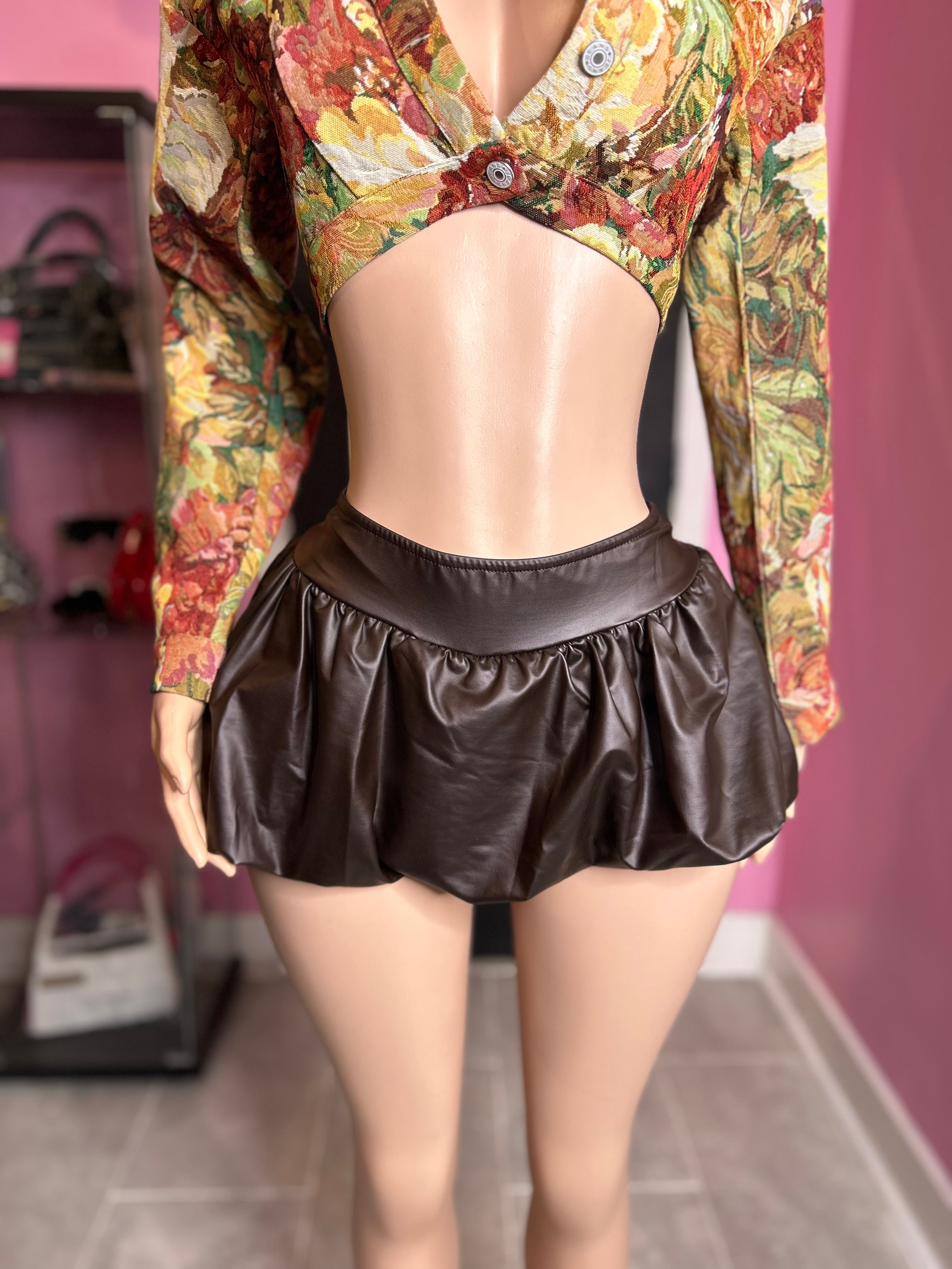 Pu Puff Skirt-Brown