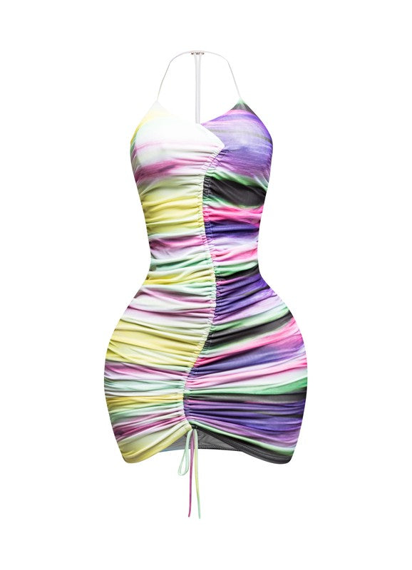 Rush Hour Ruched Halter Dress- Purple Multi