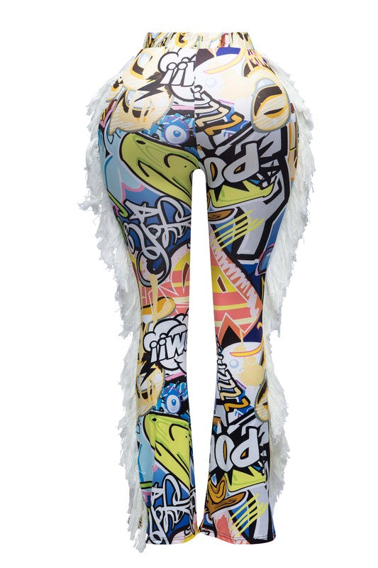 Urban Vibe Graffiti Print Fringe Trim Pants- Multi