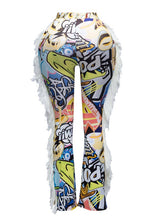 Urban Vibe Graffiti Print Fringe Trim Pants- Multi
