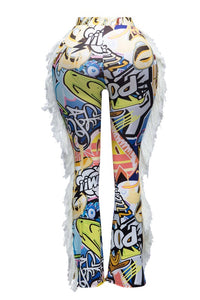 Urban Vibe Graffiti Print Fringe Trim Pants- Multi