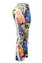 Urban Vibe Graffiti Print Fringe Trim Pants- Multi