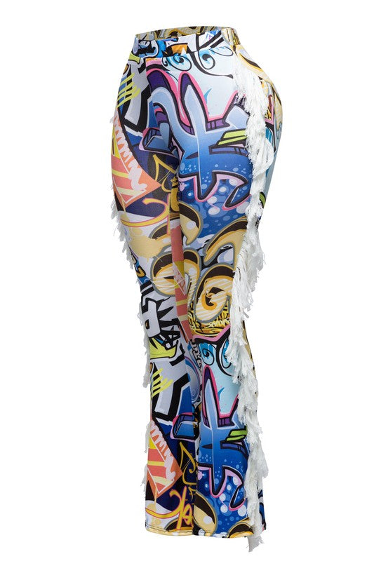 Urban Vibe Graffiti Print Fringe Trim Pants- Multi
