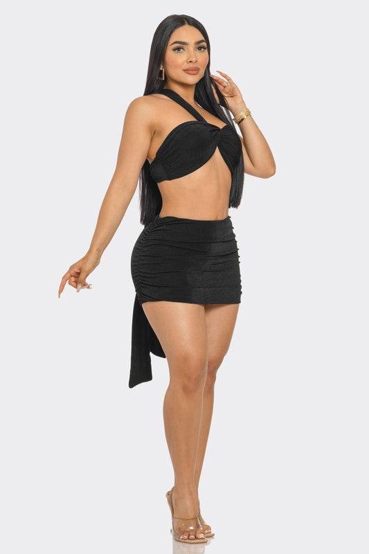 Lets Meet Later Wrap Top & Ruched Skirt Set - Black