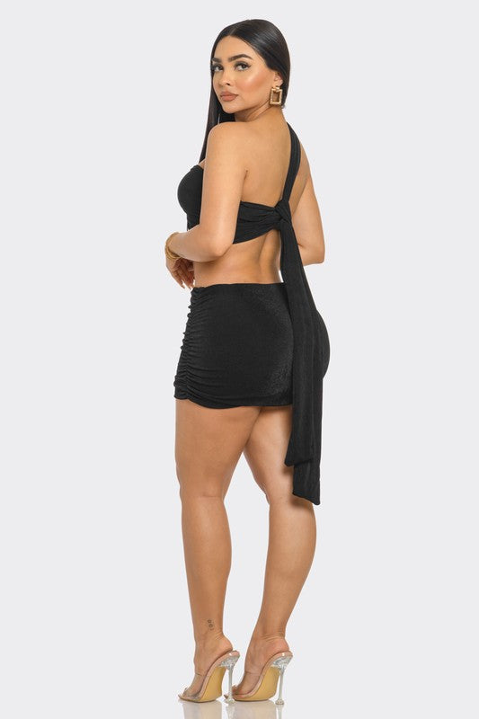 Lets Meet Later Wrap Top & Ruched Skirt Set - Black