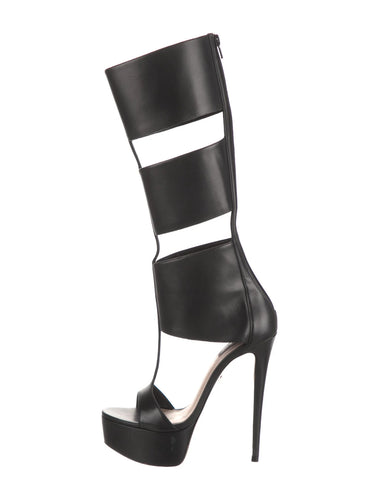 Gladiator PU Platform Knee High Sandal Open Toe Boot- Black