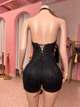 One Of A Kind Floral Lace Halter Romper- Black
