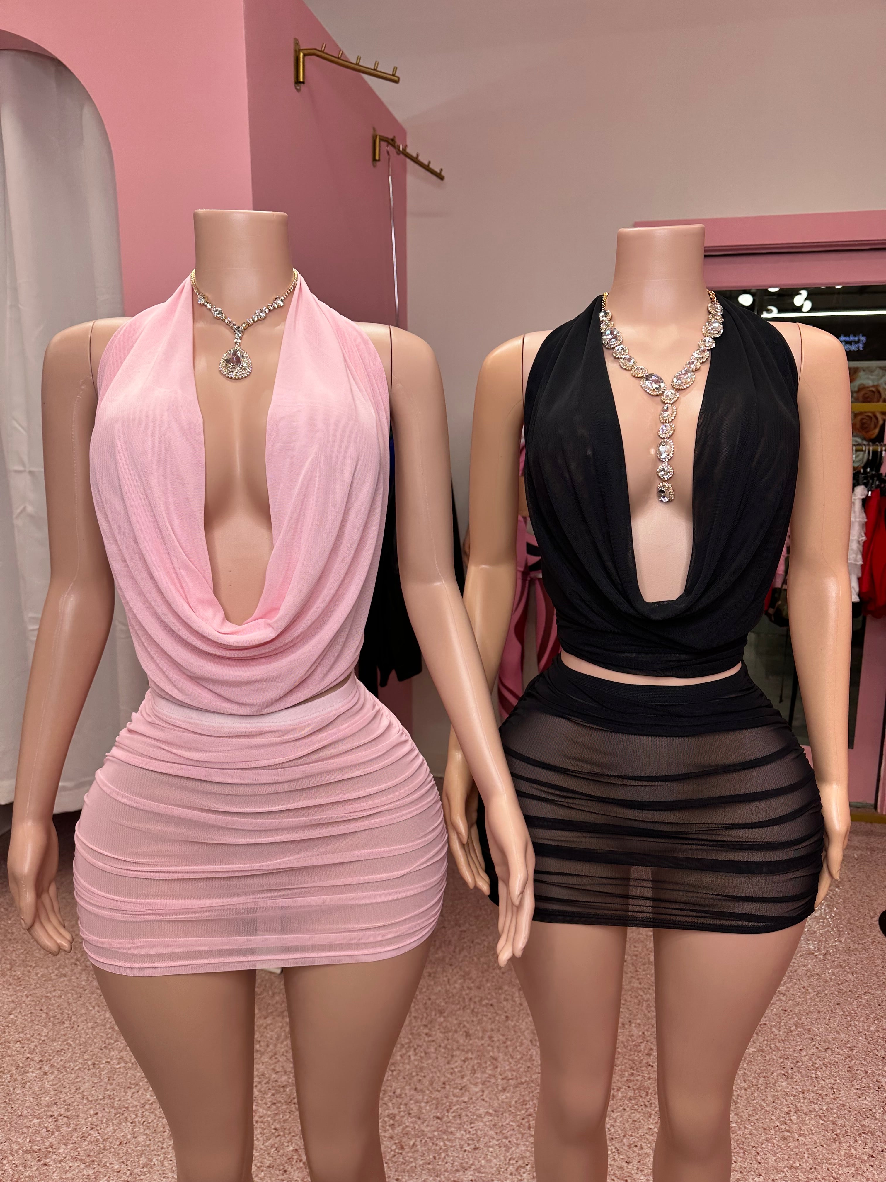 Let Me Find Out Mesh Halter Top & Skirt Set- Pink
