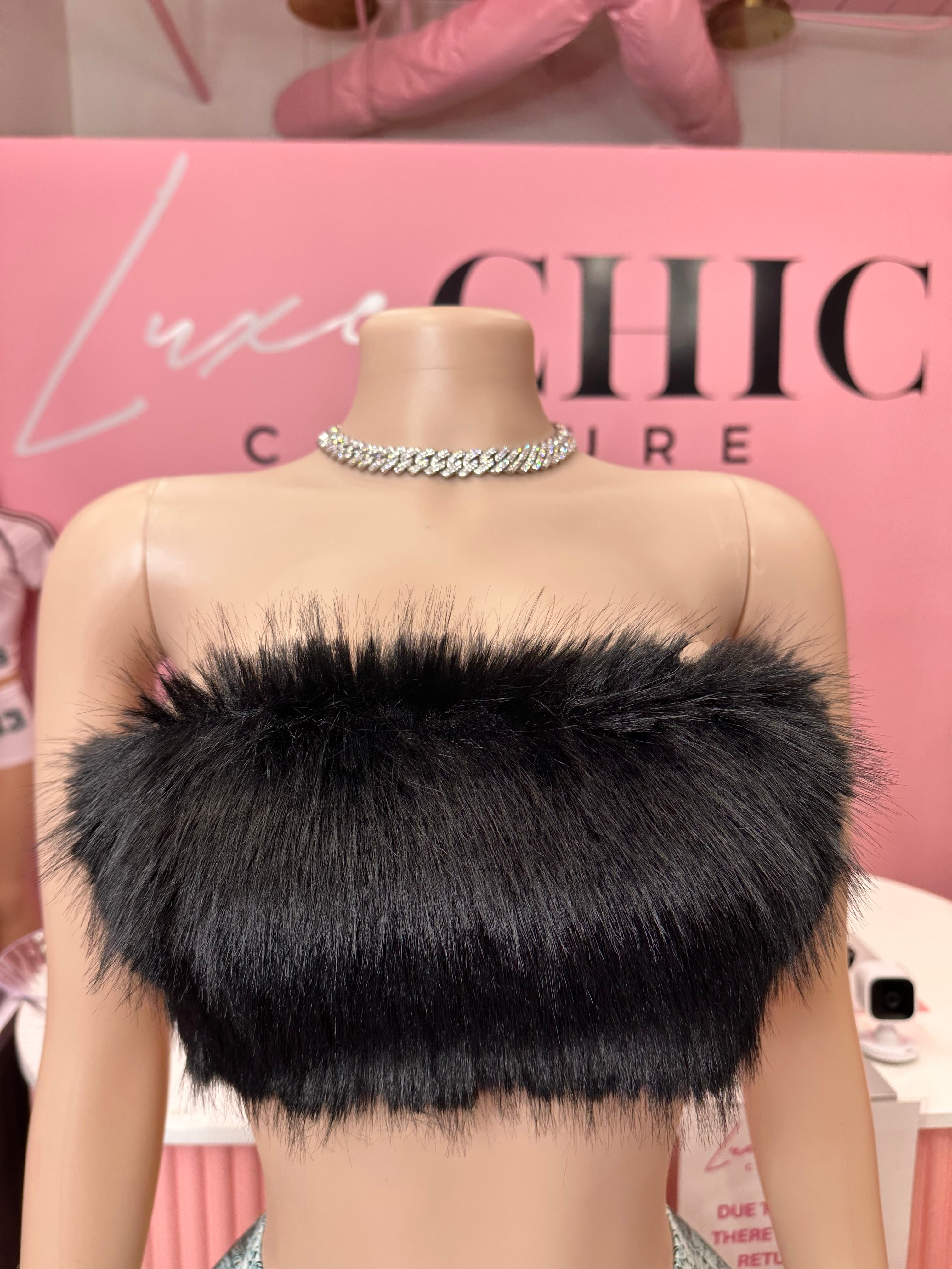 Furever Feeling Faux Fur Cropped Top- Black
