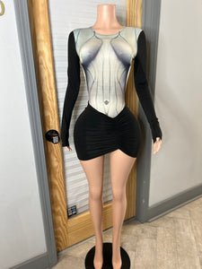 Keep Guessing 3D Body Print Bodysuit & Mini Skirt Set- Black