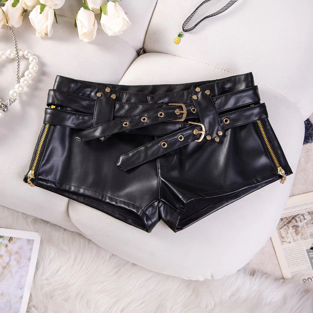 Midnight Rebel Faux Leather Buckle Shorts – Black High-Waist Belted Mini