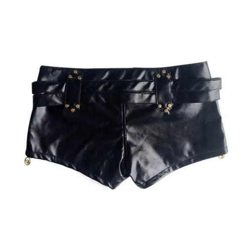 Midnight Rebel Faux Leather Buckle Shorts – Black High-Waist Belted Mini