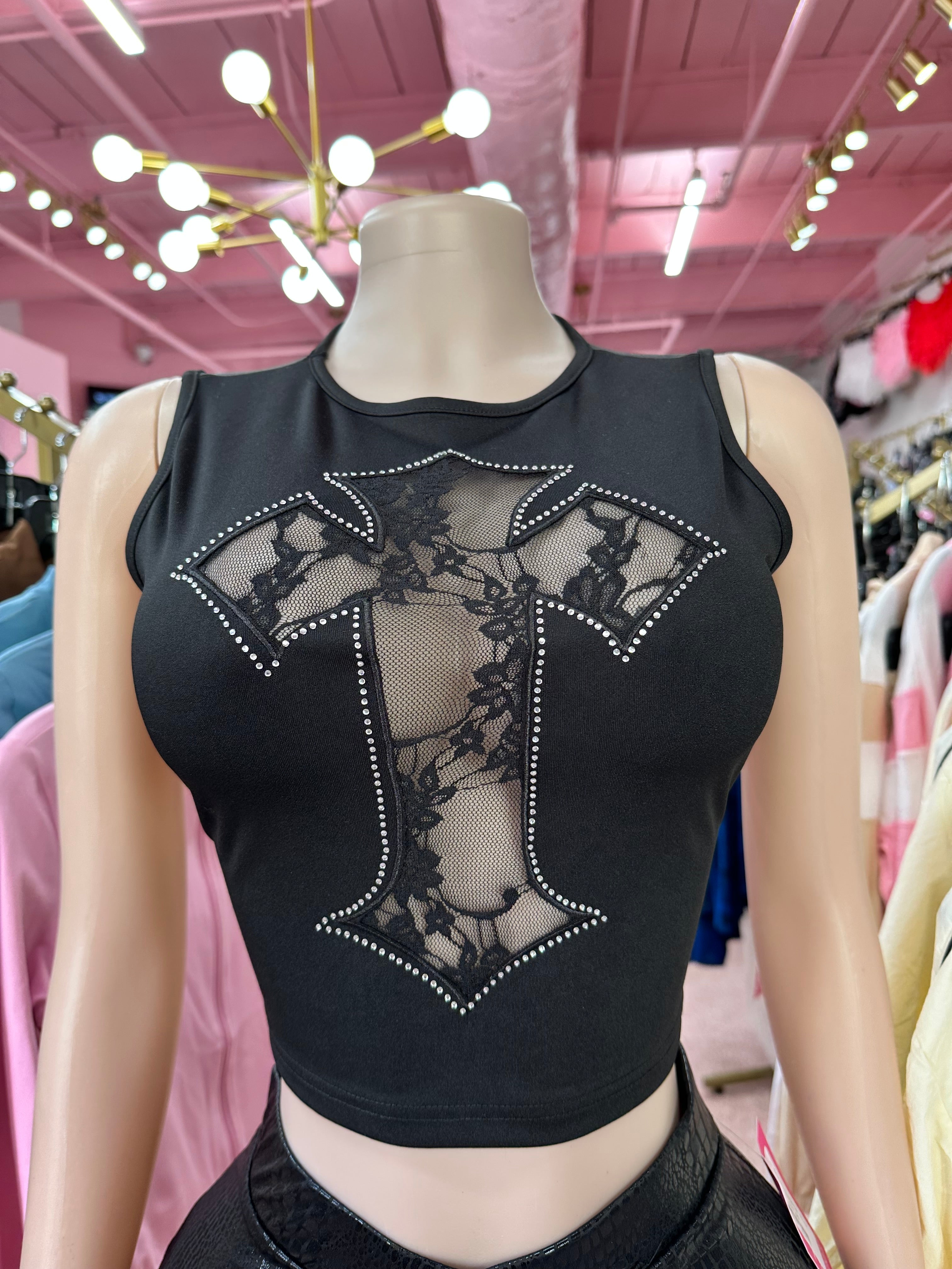 Gothic Glam Rhinestone Cross Lace Mesh Crop Top – Black