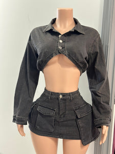 Pop Out Denim Cargo Skirt & Jacket Set- Black