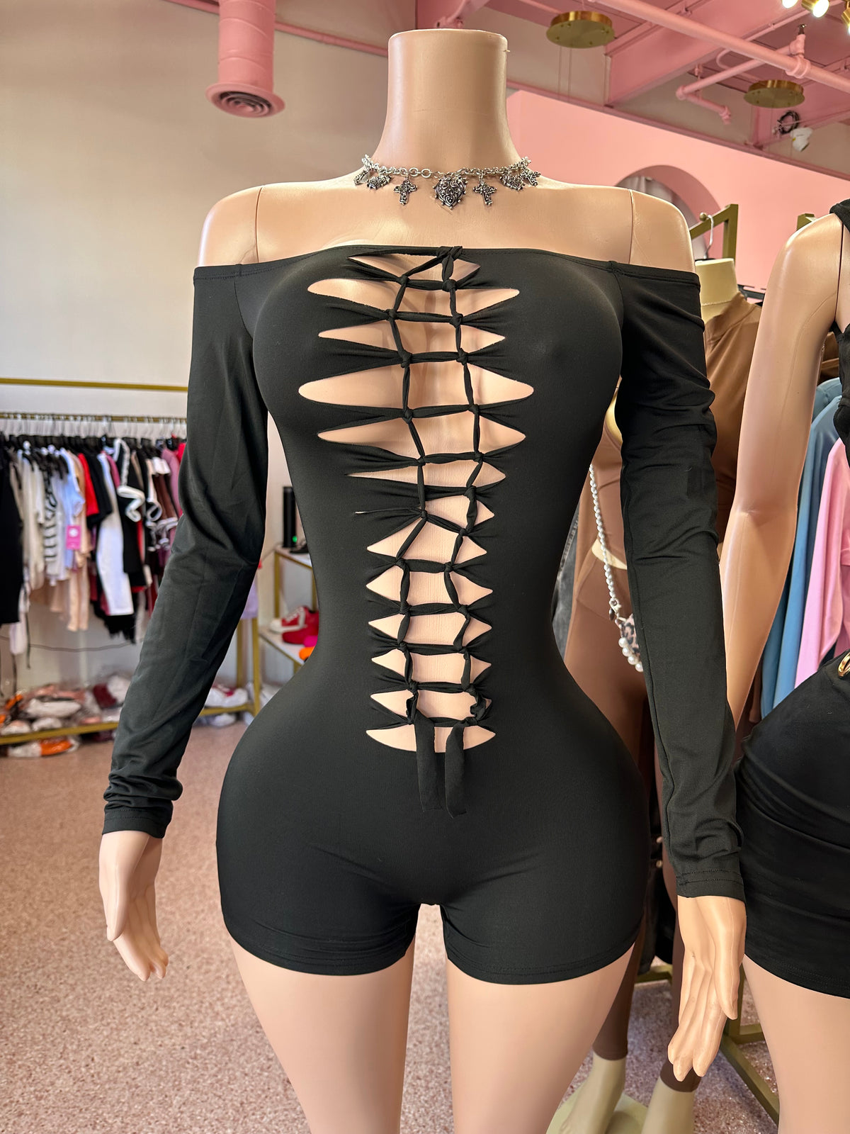 Cutout Temptation Off-Shoulder Lace-Up Romper – Black