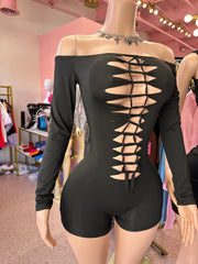 Cutout Temptation Off-Shoulder Lace-Up Romper – Black