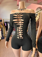 Cutout Temptation Off-Shoulder Lace-Up Romper – Black