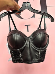 Midnight Vixen Faux Leather Push-Up Corset Top- Black