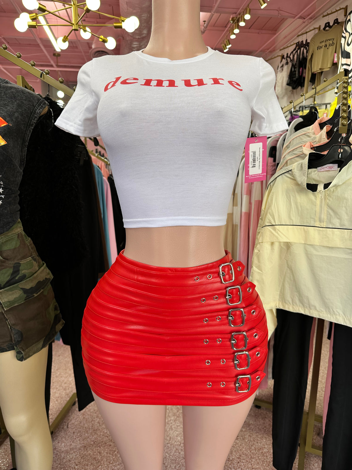 High Voltage Buckle Mini Skirt – Red