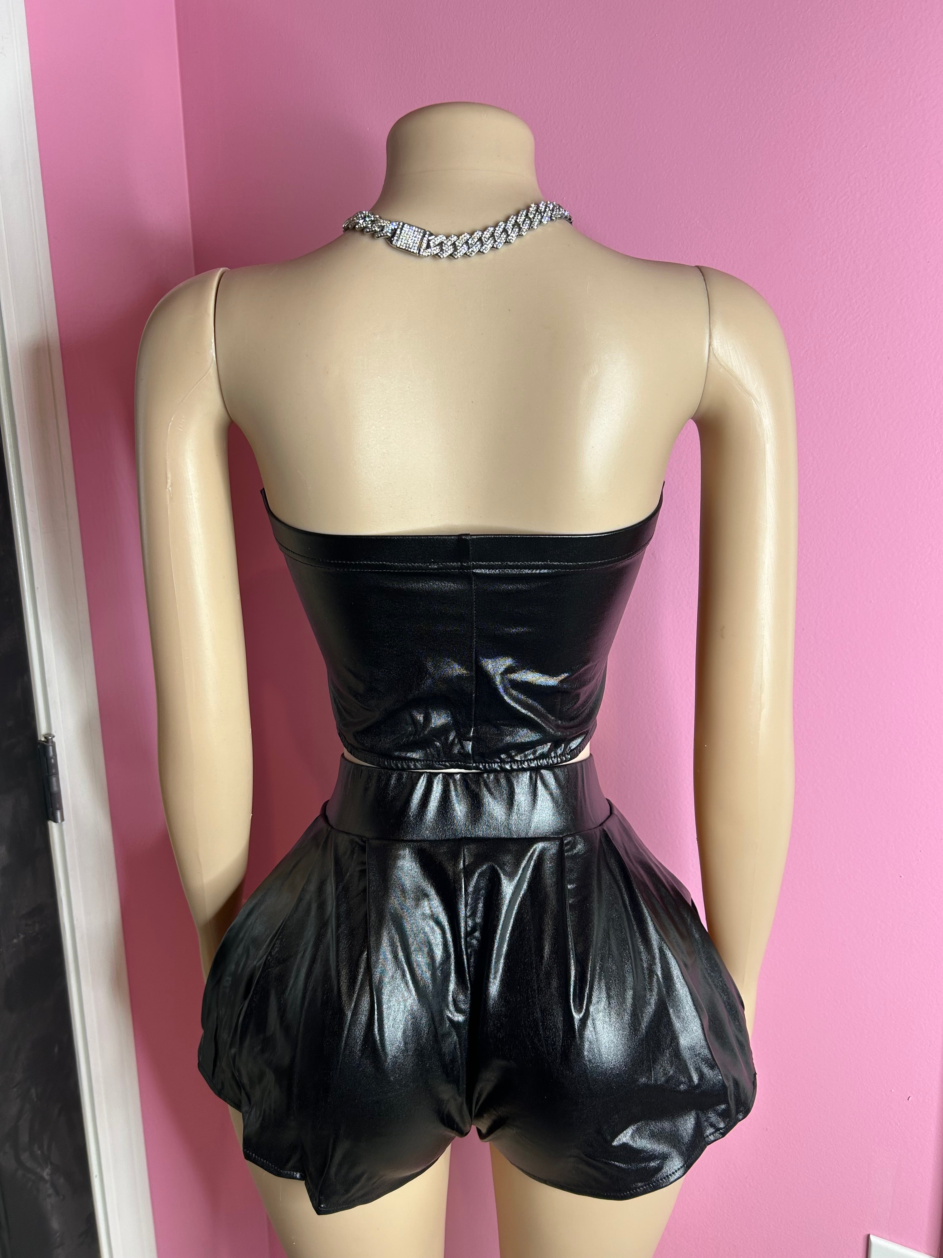 Dark Desire PU Leather Top & Shorts Set- Black