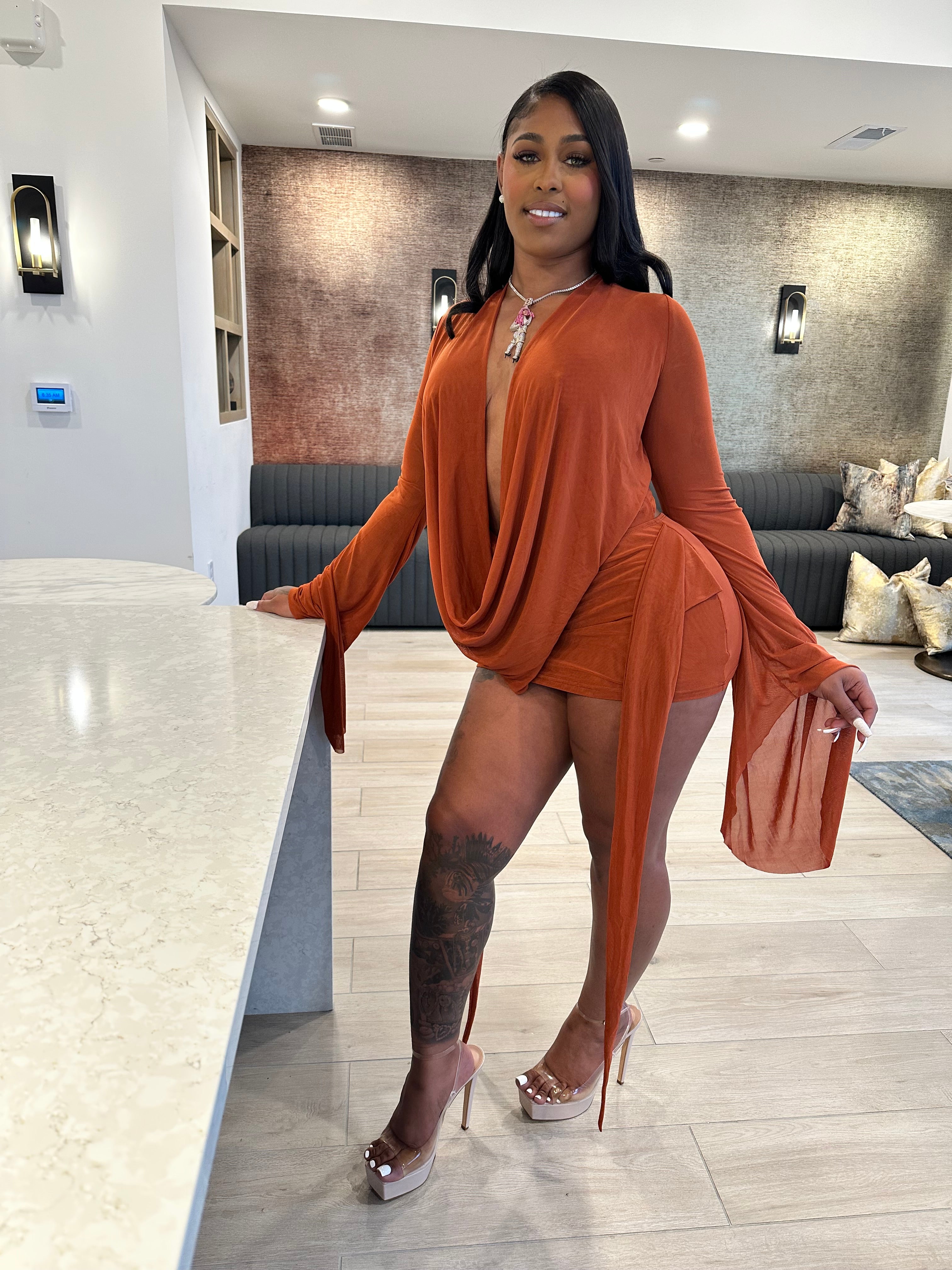 Drip Effect Drape Mini Dress- Rust