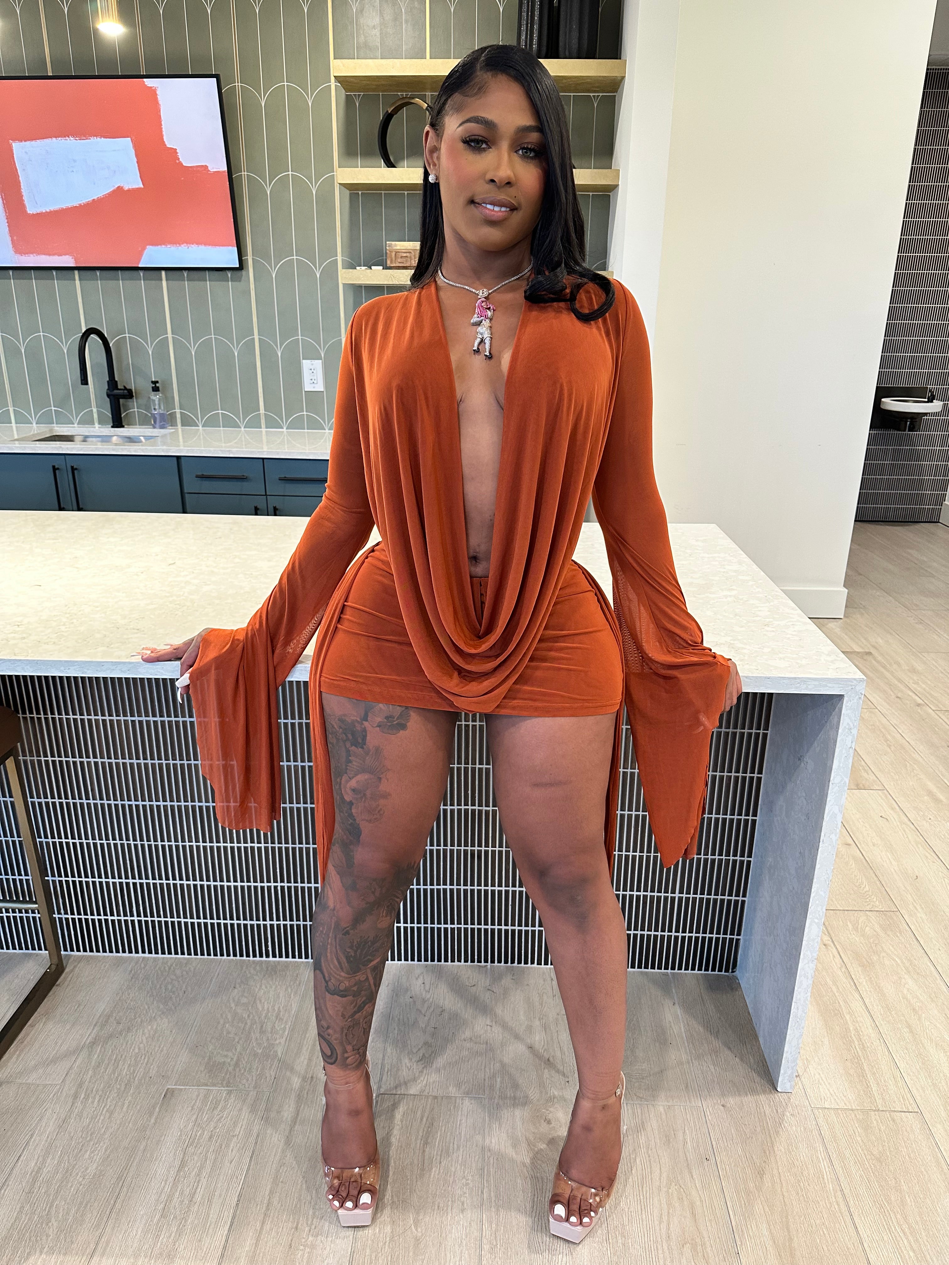 Drip Effect Drape Mini Dress- Rust