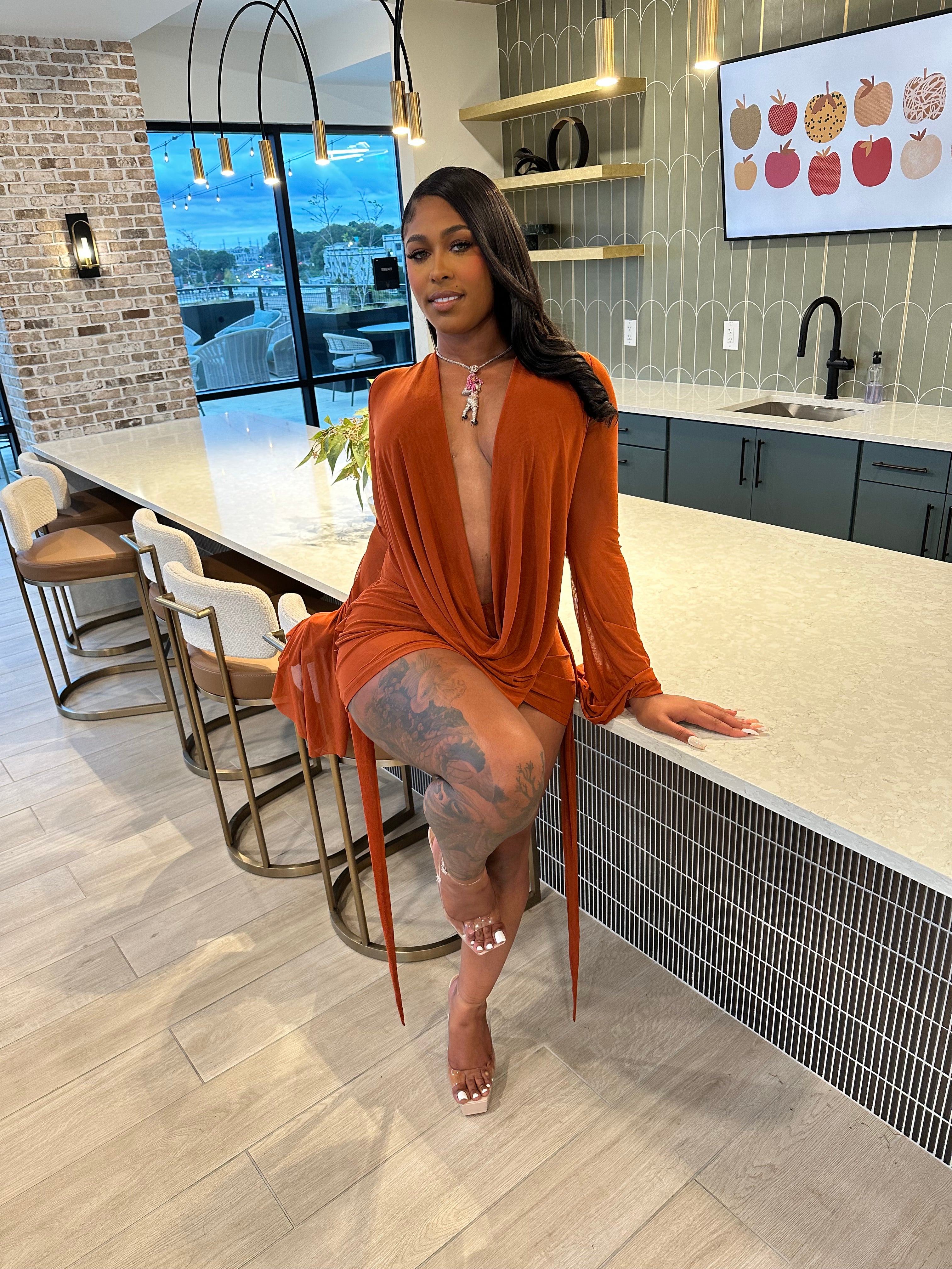 Drip Effect Drape Mini Dress- Rust