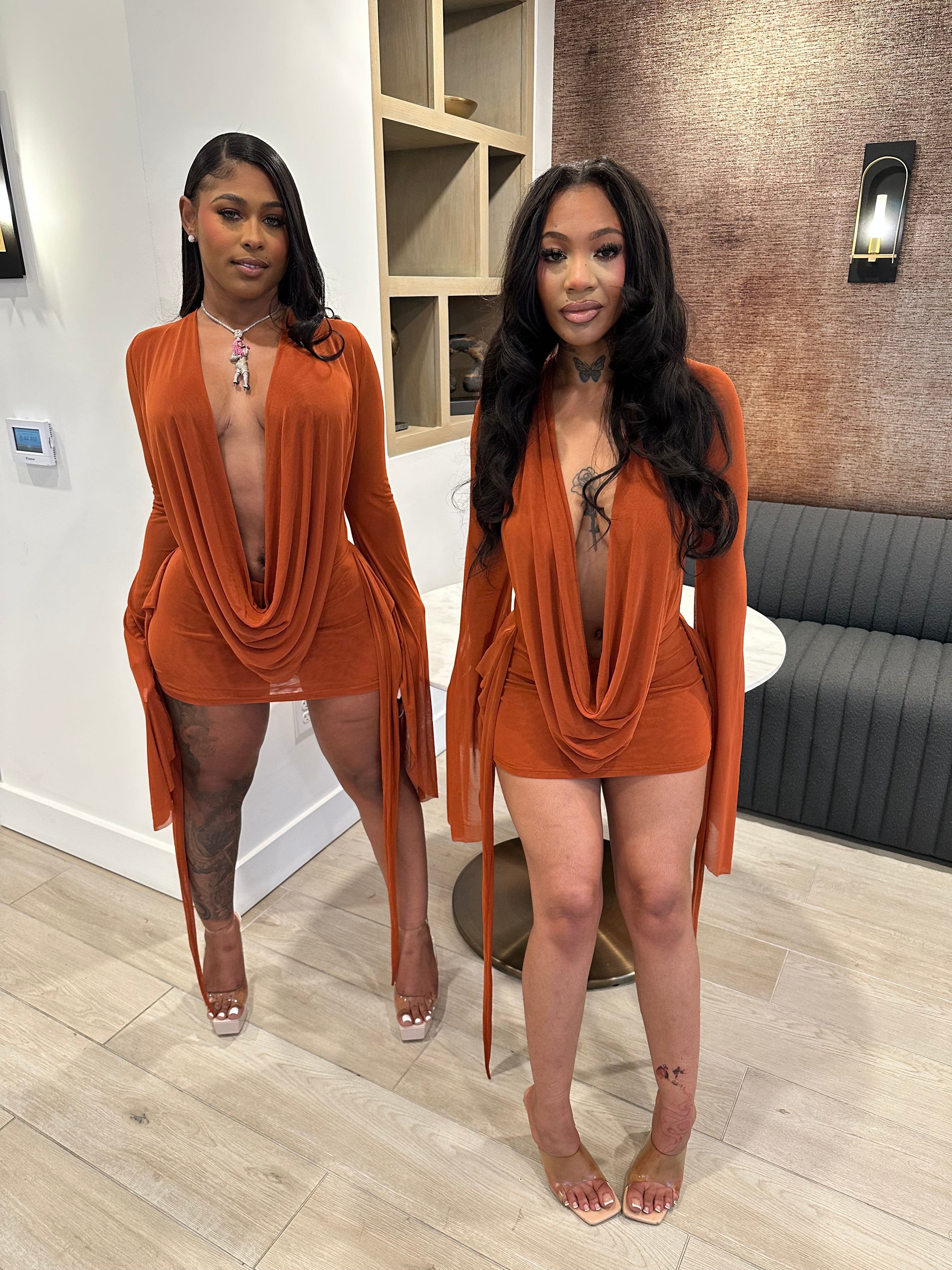 Drip Effect Drape Mini Dress- Rust