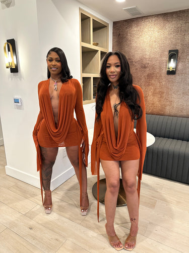 Drip Effect Drape Mini Dress- Rust