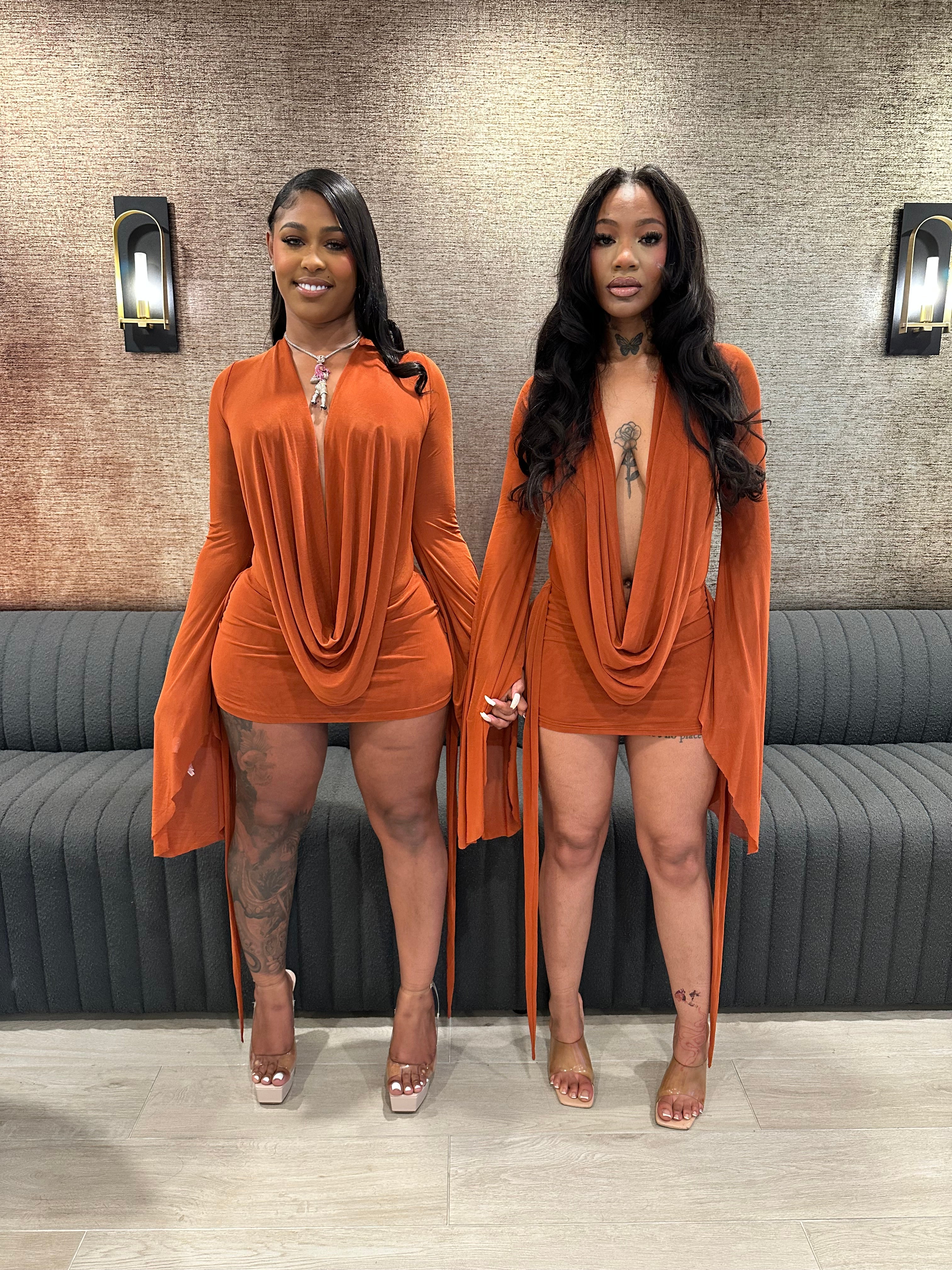 Drip Effect Drape Mini Dress- Rust