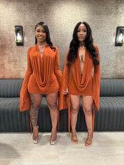 Drip Effect Drape Mini Dress- Rust
