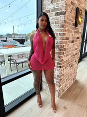 Goddess Glow Knit Halter Mini Dress – Pink & Champagne