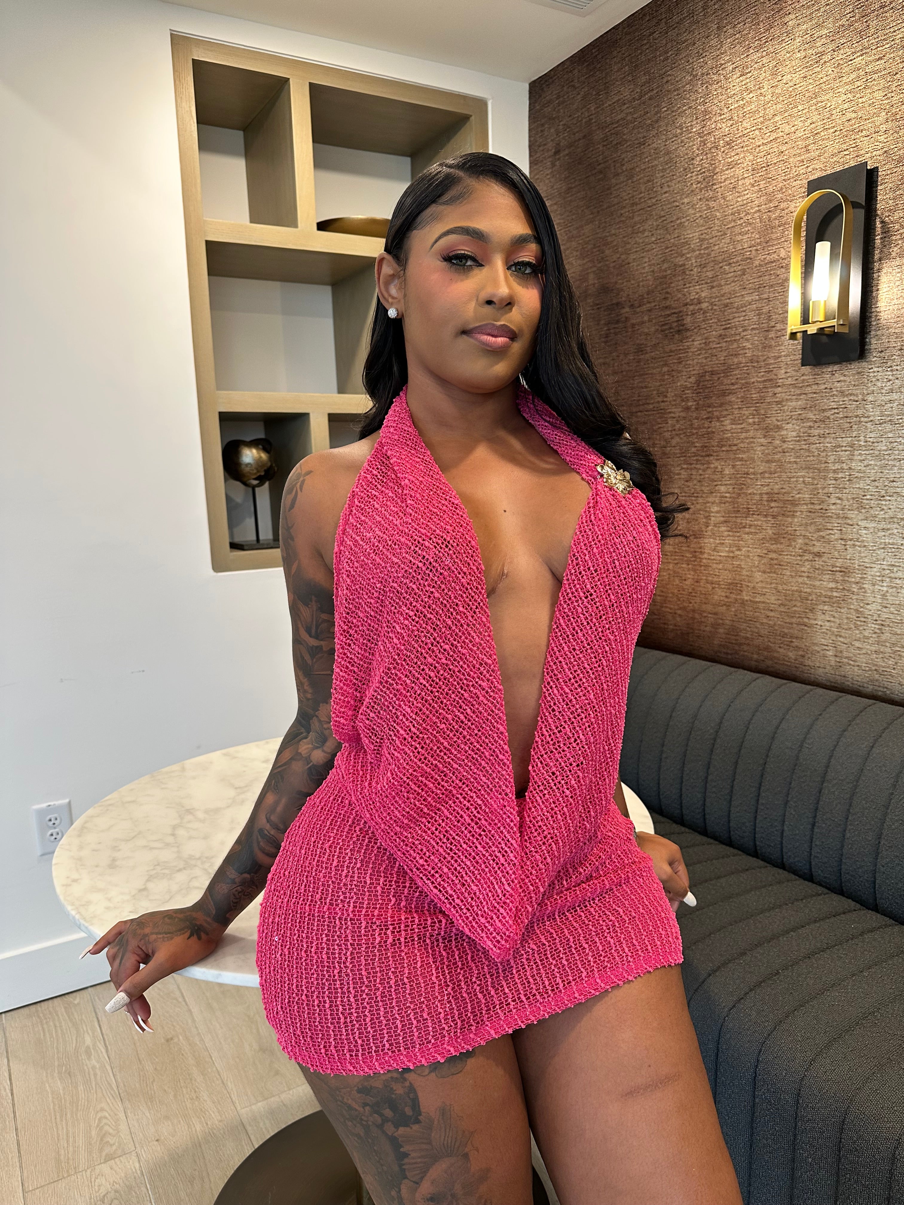 Goddess Glow Knit Halter Mini Dress – Pink & Champagne