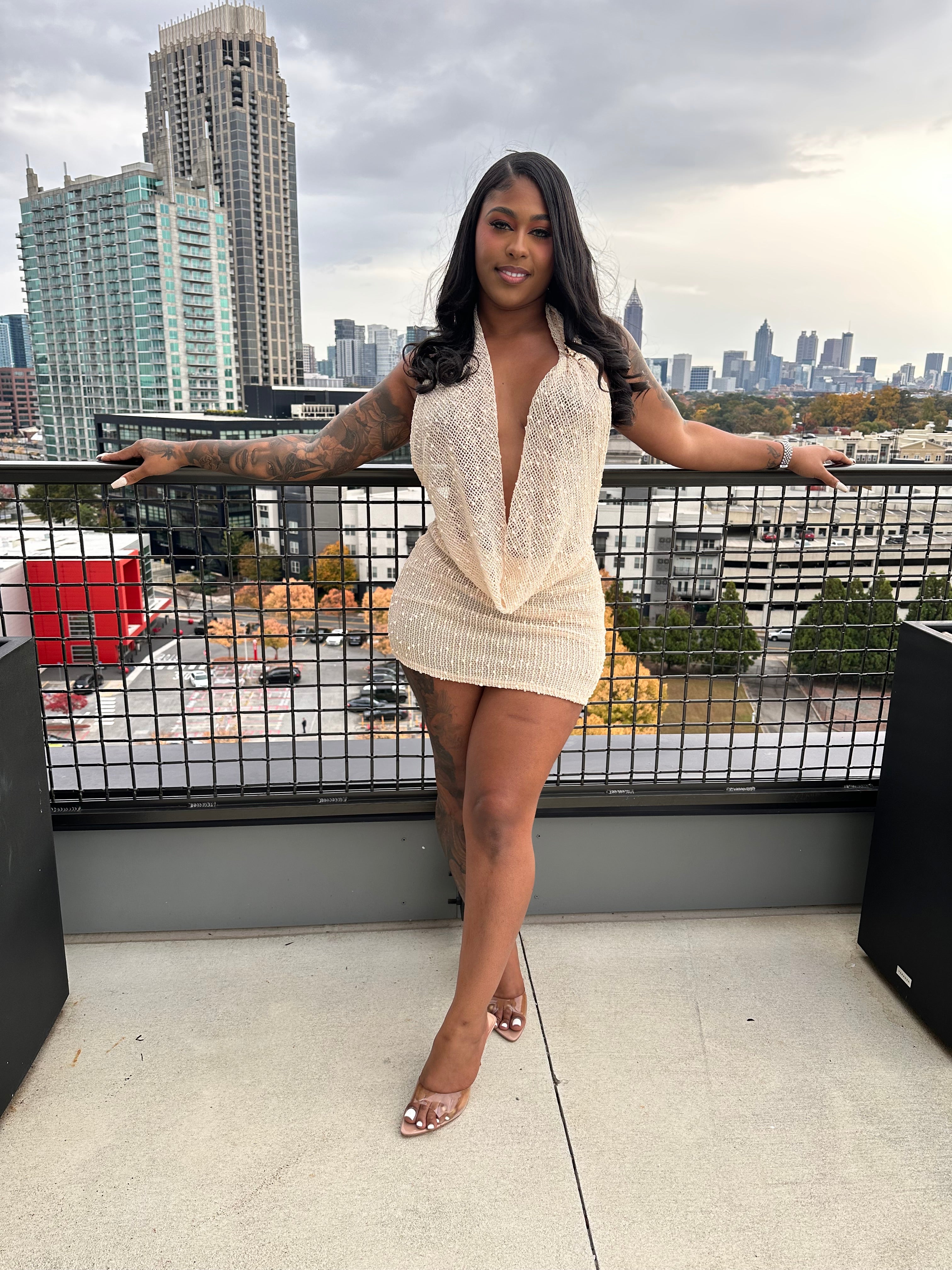 Goddess Glow Knit Halter Mini Dress – Pink & Champagne