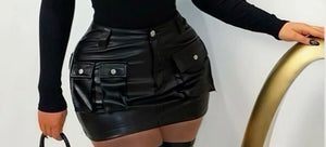 Edgy Chic PU Leather Cargo Mini Skirt- Black