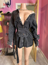 Trendy Off-Shoulder Denim Shirt/Dress with Belted Waist- Denim Black