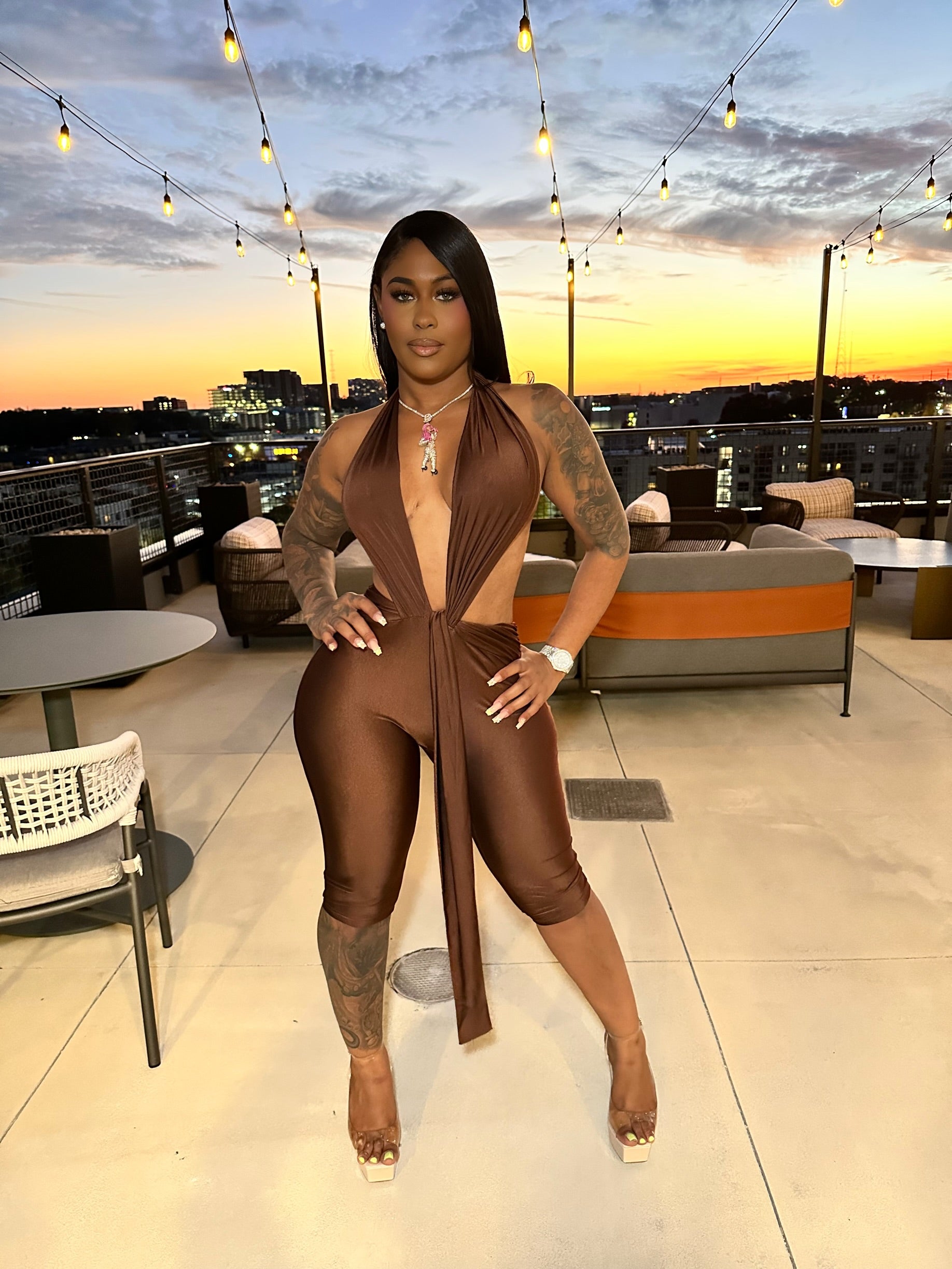 Sultry Scarlet Capri Jumpsuit- Brown