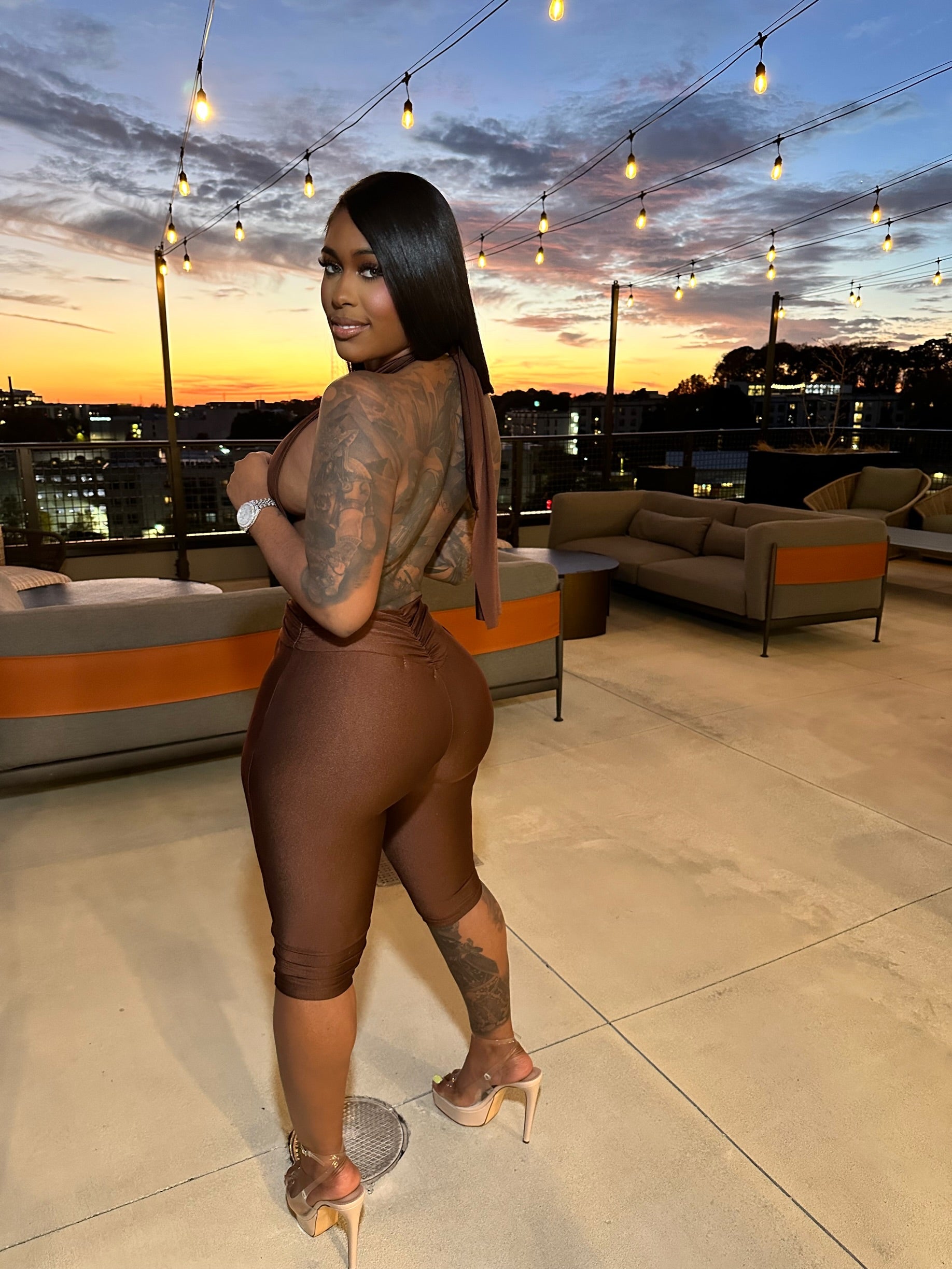 Sultry Scarlet Capri Jumpsuit- Brown