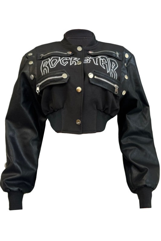 Rockstar Attitude Cropped Bomber Jacket – Black
