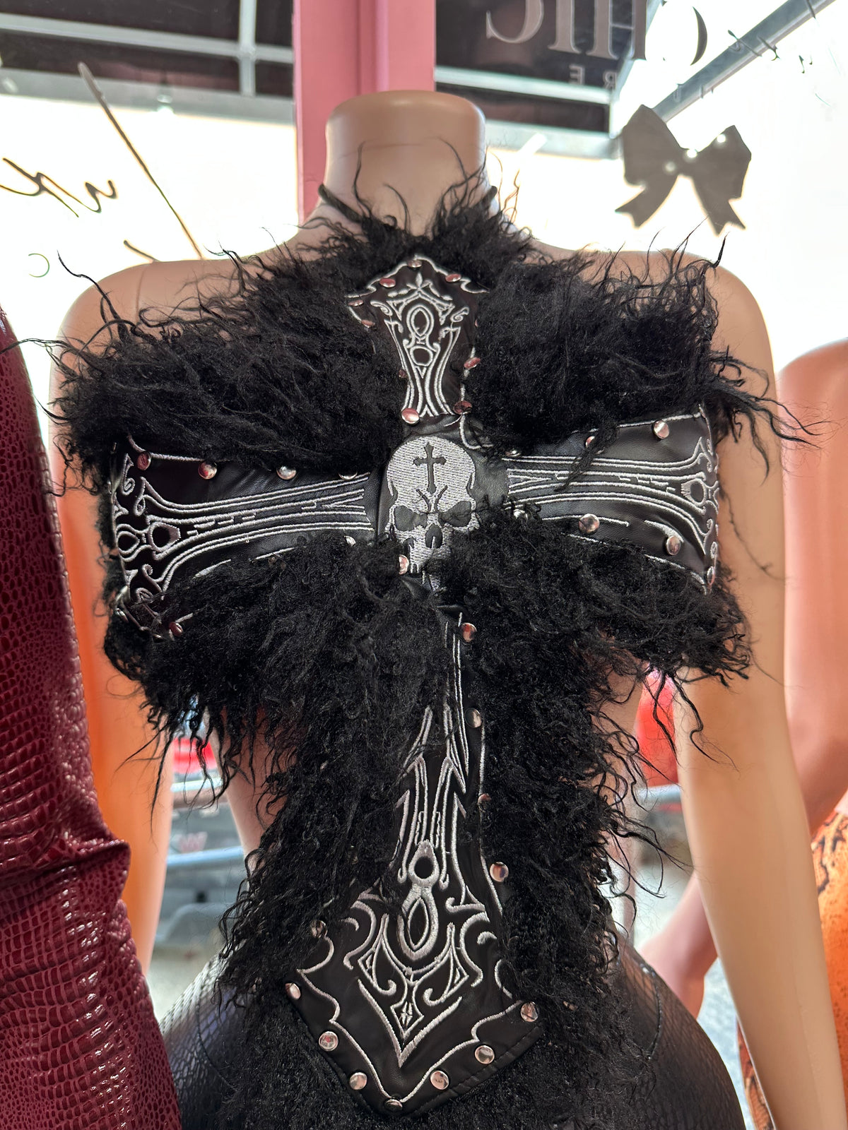 Gothic Cross Fur Halter Top – Black