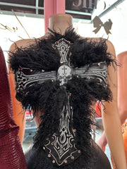 Gothic Cross Fur Halter Top – Black