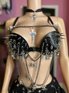 (Pre-Order 10-15 days then ship) 
Gothic Spike & Cross Embellished Leather Harness Top- Black