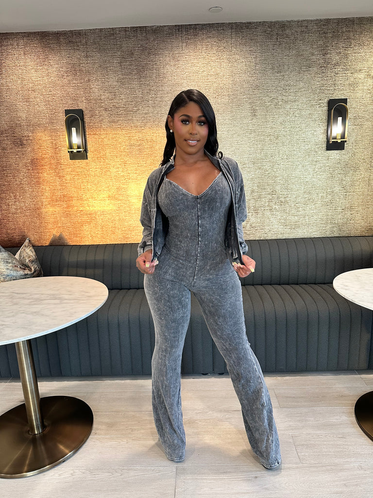 Washed Zip-Up Crop Jacket & Flare Jumpsuit Set- Black – Luxechic
