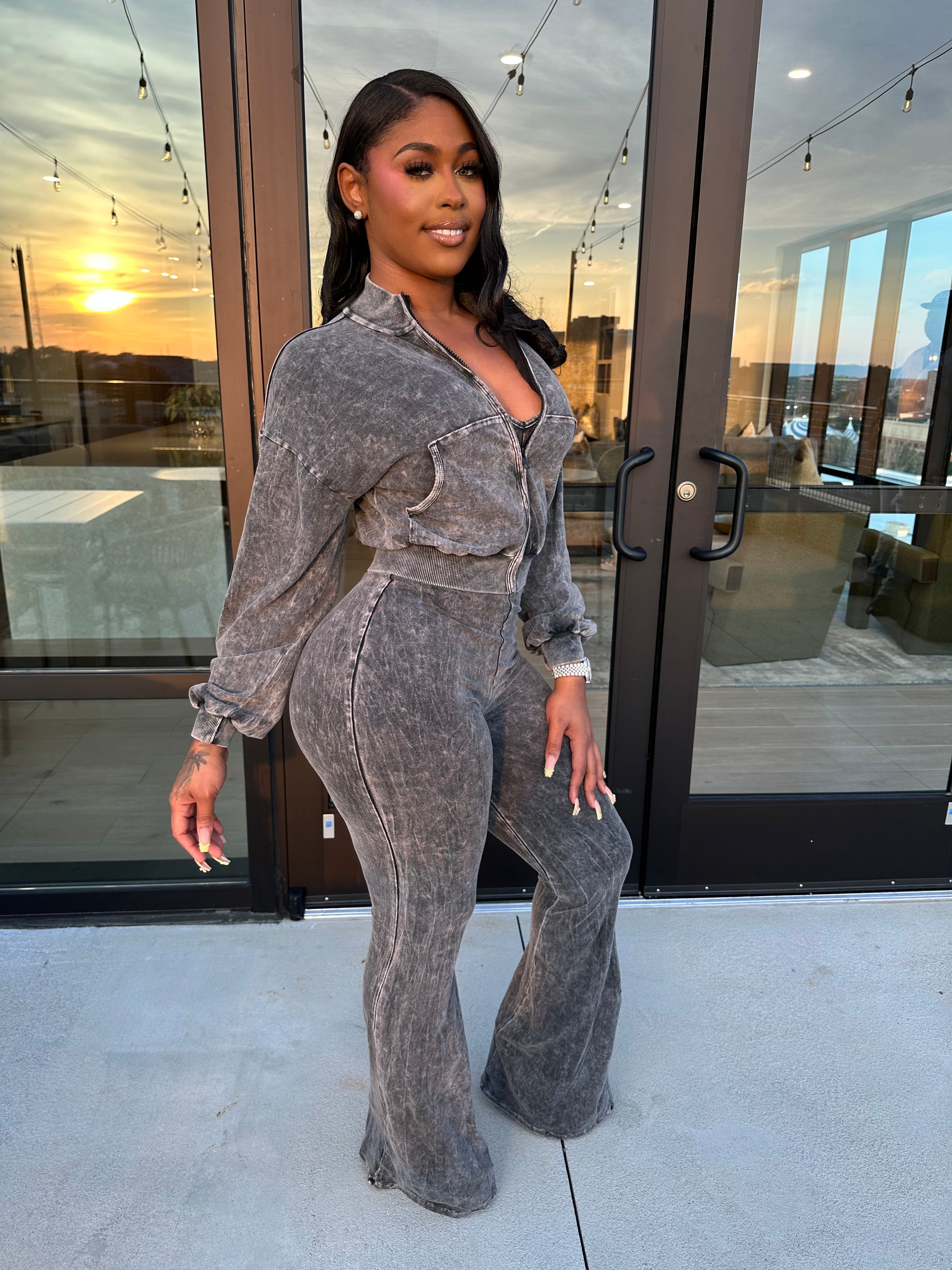 Washed Zip-Up Crop Jacket & Flare Jumpsuit Set- Black