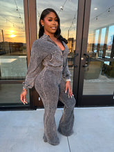 Washed Zip-Up Crop Jacket & Flare Jumpsuit Set- Black